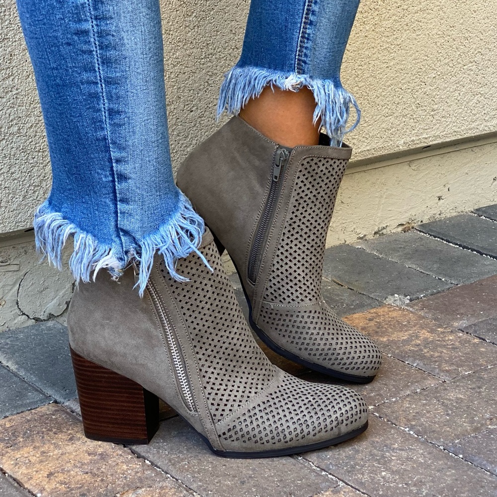Grey Perforated Close Toe Block Heel Ankle Booties